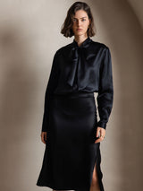 [Zwart] SilkSilky-NL Long Sleeve Tie Neck Blouse 001