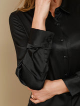 [Zwart] SilkSilky-NL Long Sleeve Lapel Collar Dames Blouse 008