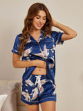 SilkSilky NL 19Momme Pure Silk Korte Mouw Revers Dames Pyjama Set Donkerblauw 004