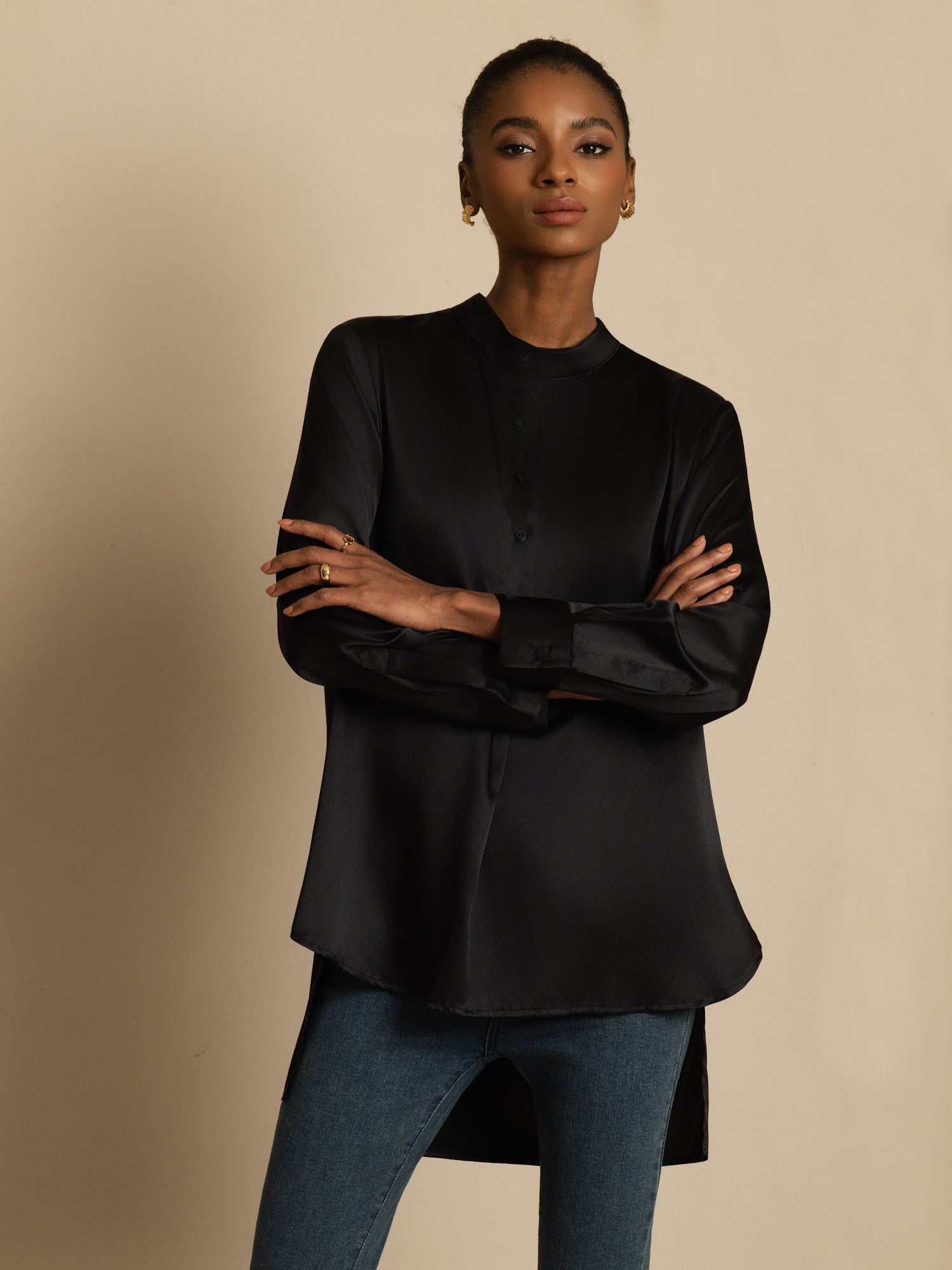 [Zwart] SilkSilky-NL 19Momme Lange Mouw Staande Kraag Blouse 004