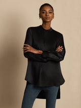 [Zwart] SilkSilky-NL 19Momme Lange Mouw Staande Kraag Blouse 004