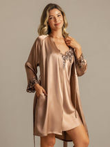 [Bruin] SilkSilky-NL 3/4 Sleeve V Neck Nachthemd&Kamerjas Set 006