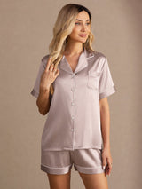 [Schaduwgrijs] SilkSilky-NL Short Sleeve Lapel Collar Dames Pyjama Set 005