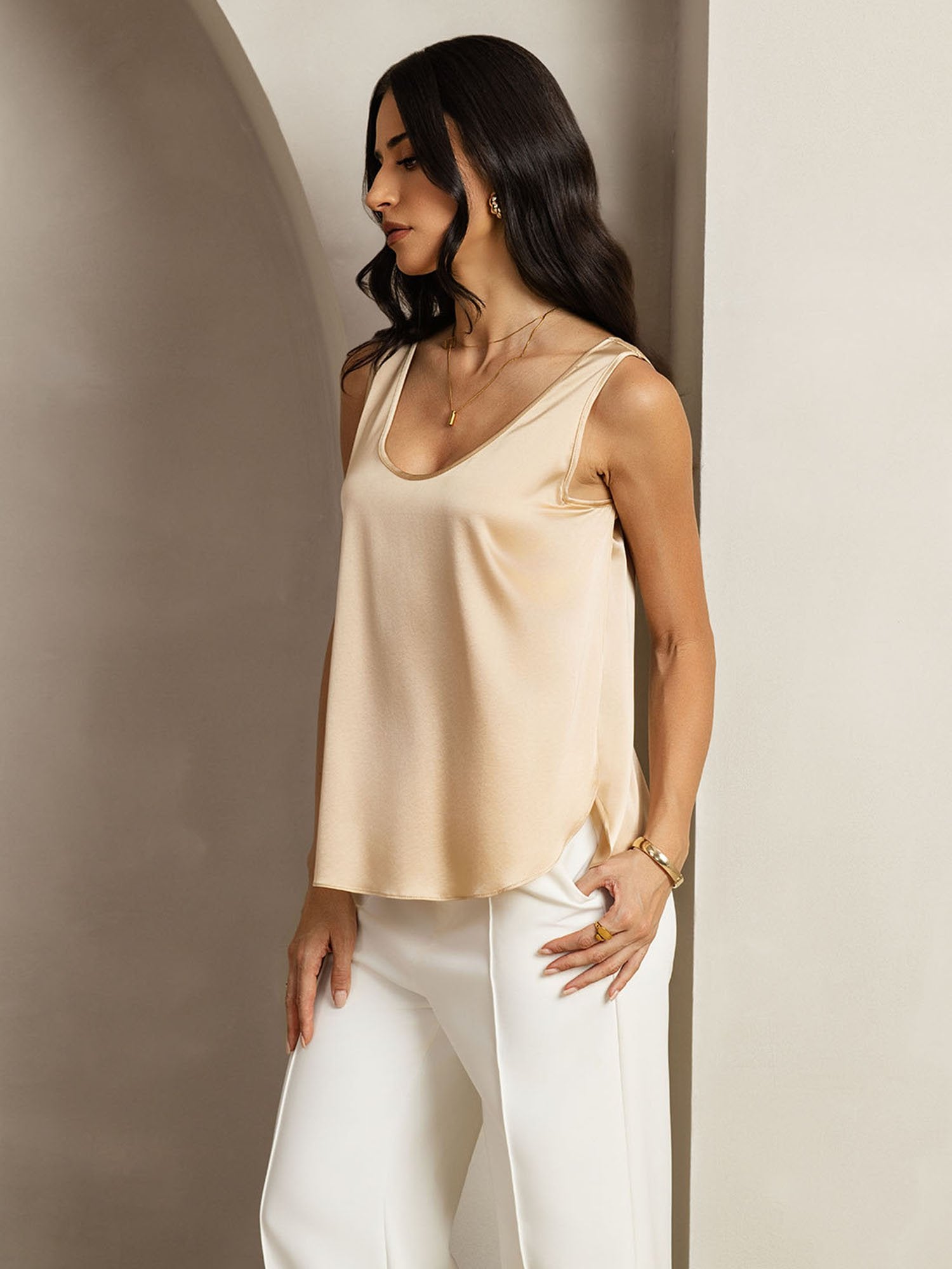 [Champagne] SilkSilky-NL 19Momme Zijde Womens T-Shirt 007