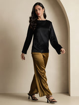 [Zwart] SilkSilky-NL Long Sleeve Boat Neck Blouse 008