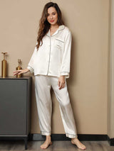 [Wit] SilkSilky-NL Lange Mouw Notchkraag Dames Pyjama Set 005