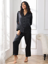 [Zwart] SilkSilky-NL Long Sleeve Lapel Collar Dames Pyjama Set 004