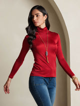 [Wijn] SilkSilky-NL Lange Mouw Coltrui Hals Dames T-Shirt 005