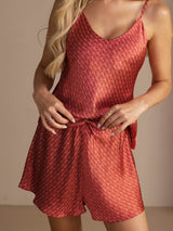 [Wijnrood Ginkgo] SilkSilky-NL Spaghetti Strap V Neck Cami-Set 004