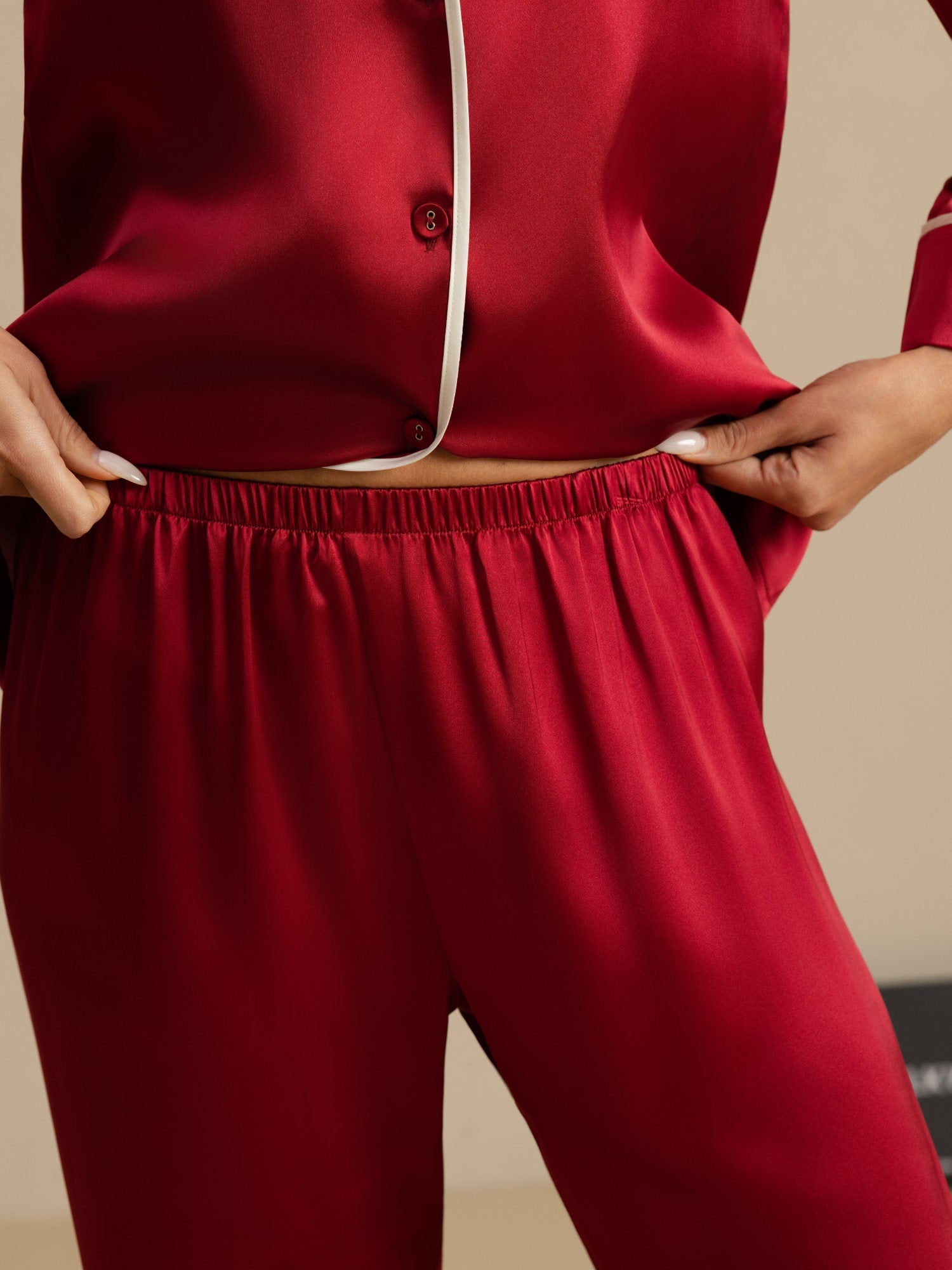[Wijn] SilkSilky-NL Lange Mouw Notchkraag Dames Pyjama Set 005