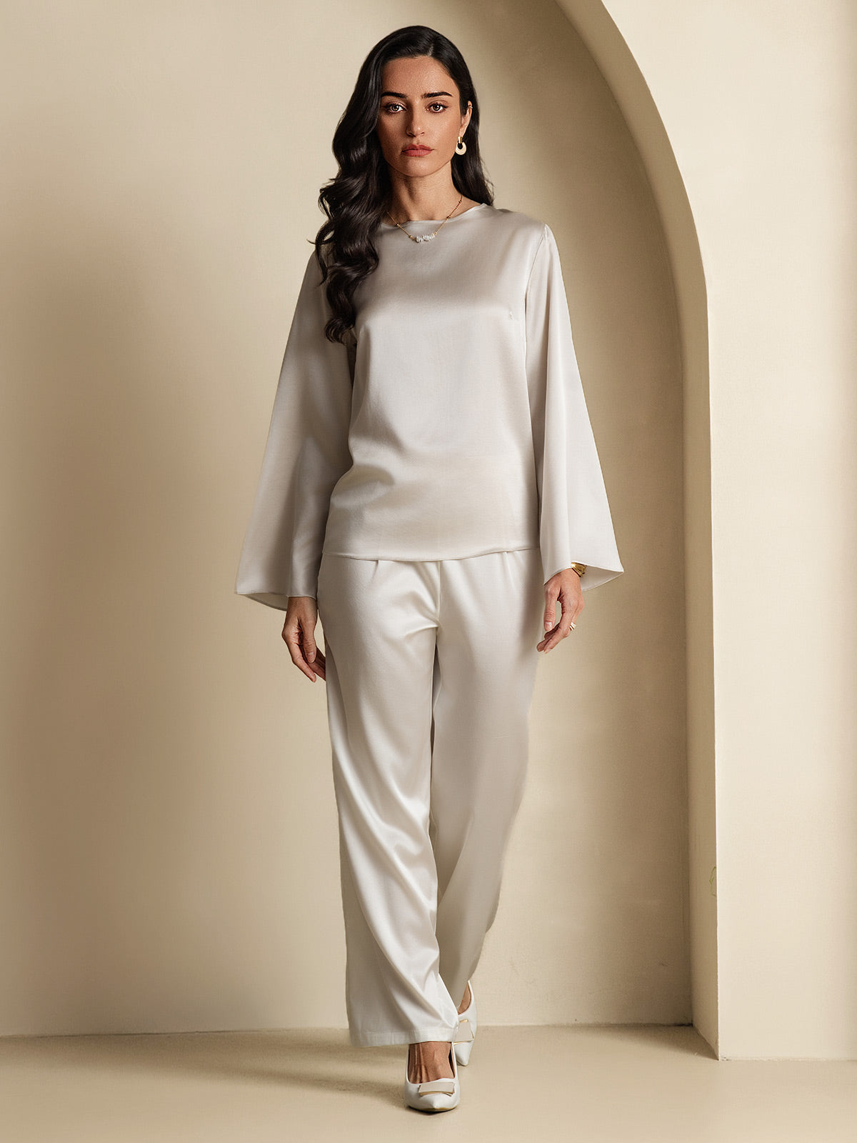 [Lichtgrijs] SilkSilky-NL 19Momme Lange Mouw Boat Hals Blouse 006