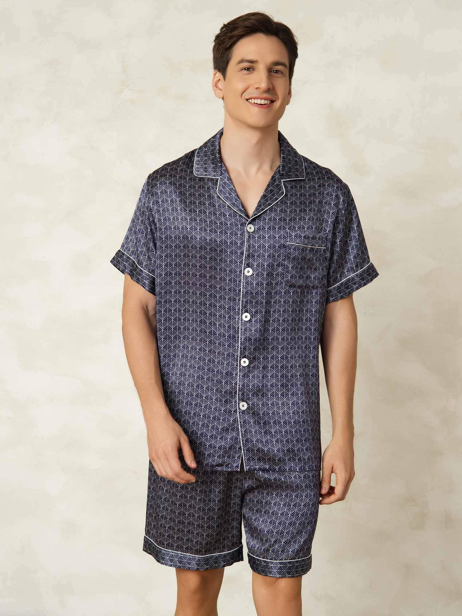 [Marine Ginkgo] SilkSilky-NL Korte Mouw Notchkraag Heren Pyjama Set 001