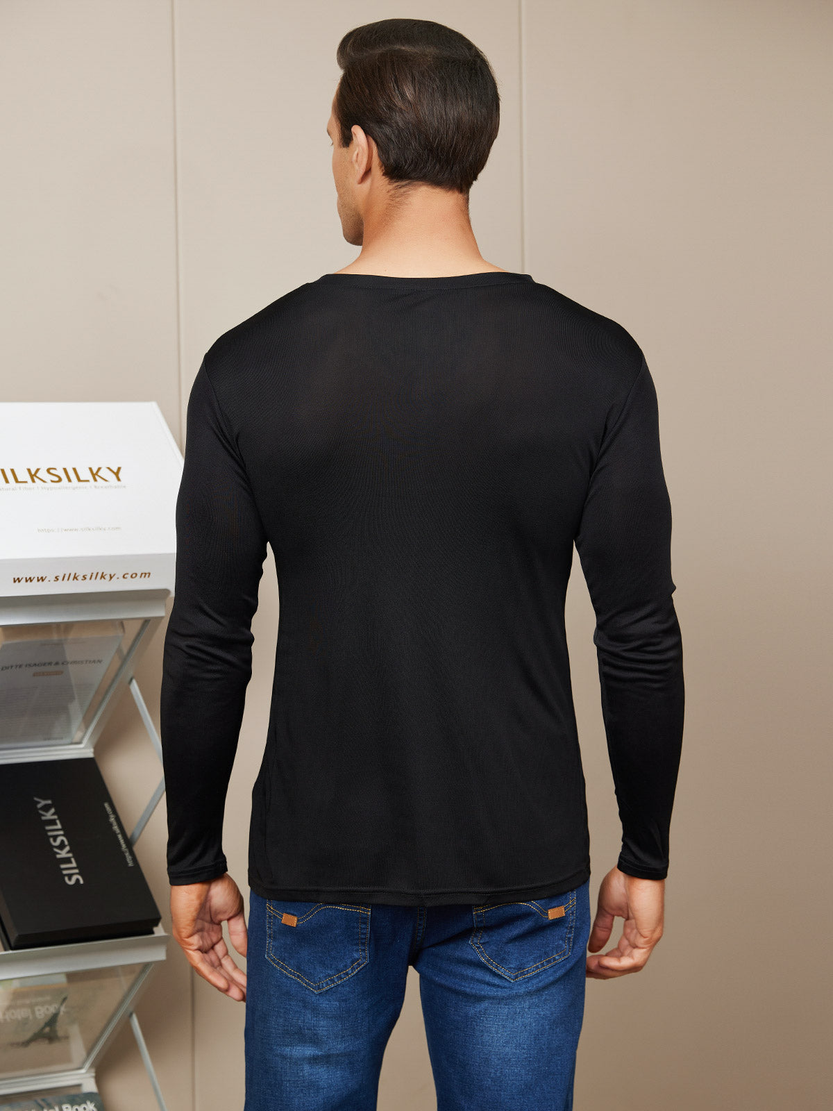 [Zwart] SilkSilky-NL Zijde Gebreid Lange Mouw V-Hals Heren T-Shirt 002