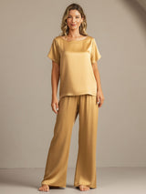 [Tan] SilkSilky-NL 19Momme Korte Mouw Dames Pyjama Set 008