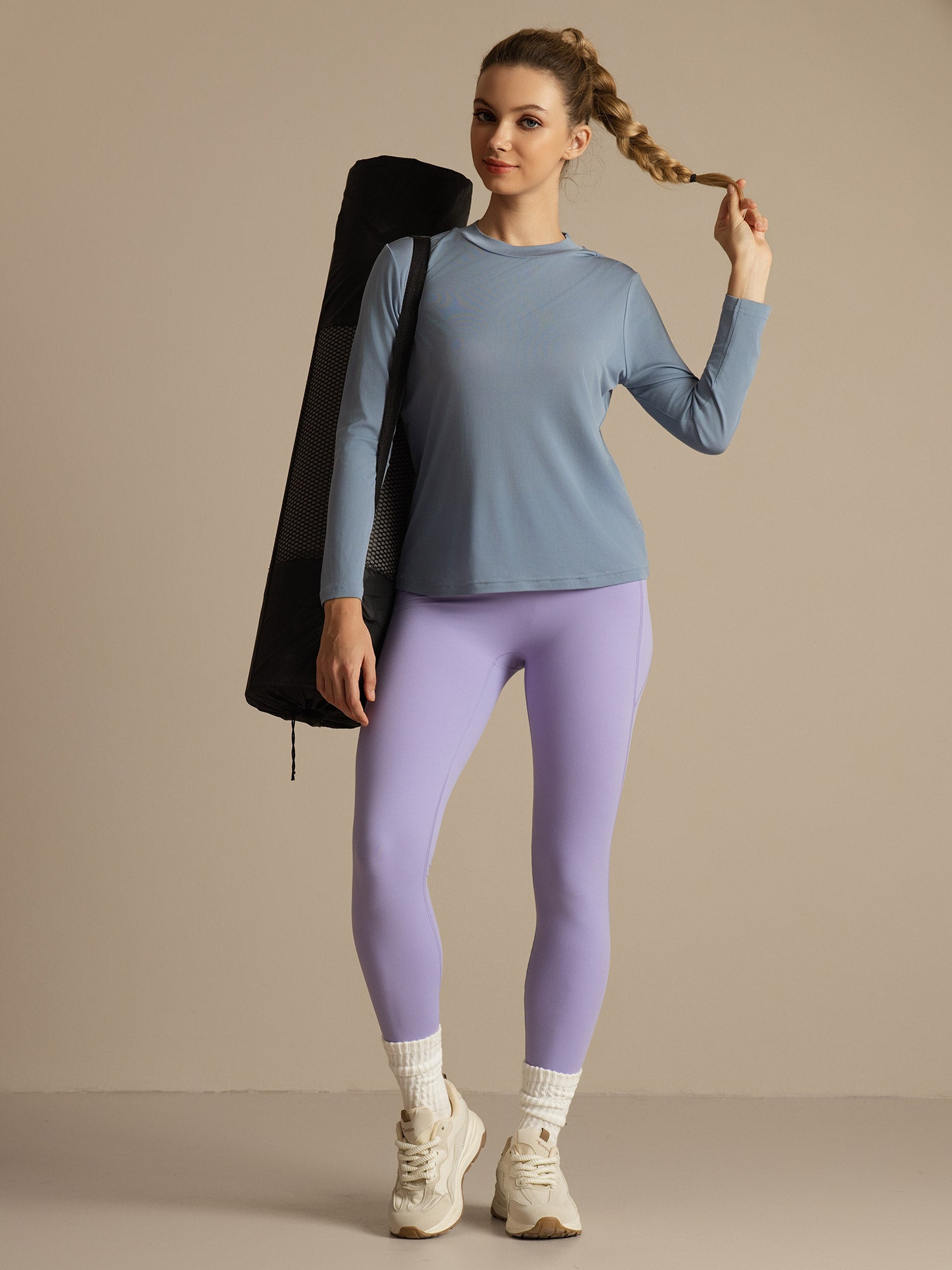 [Grijsachtig Blauw] SilkSilky-NL Lange Mouw Crew Hals Dames T-Shirt 009