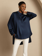 [Donkerblauw] SilkSilky-NL 19Momme Lange Mouw Staande Kraag Blouse 006