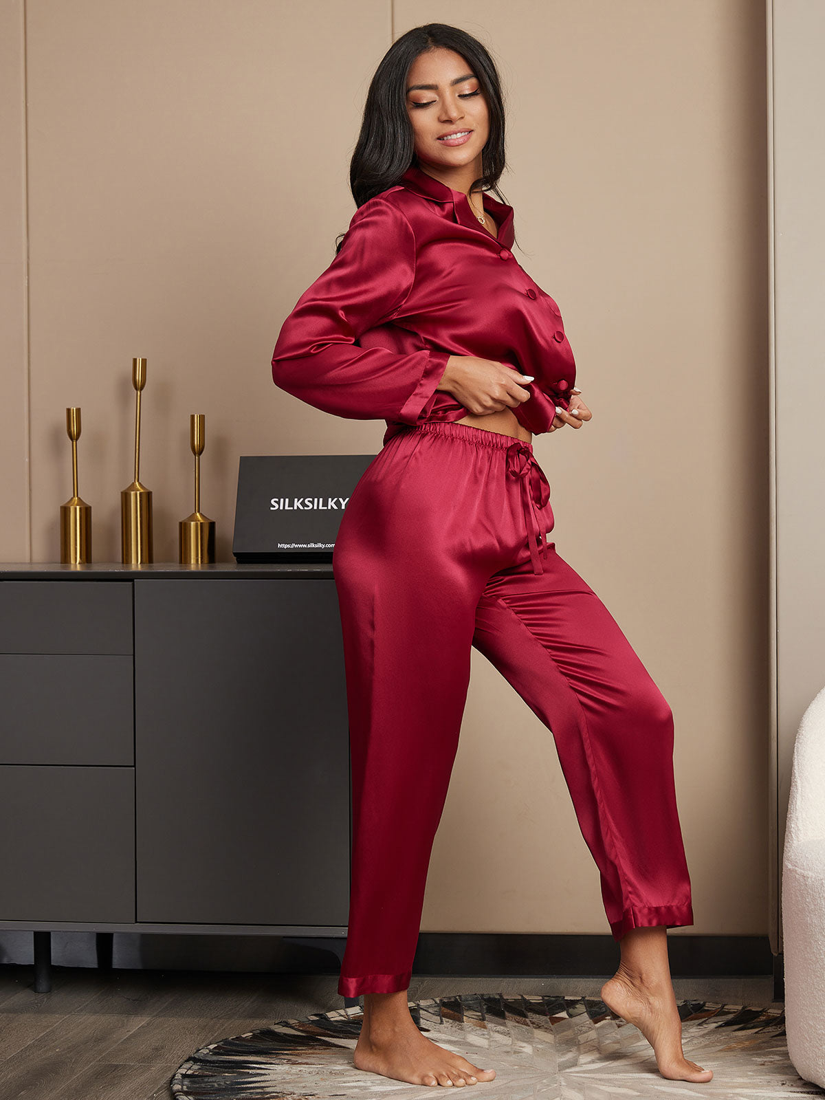 SilkSilky-NL Lange Mouw Revers Dames Pyjama Set Wijn 005