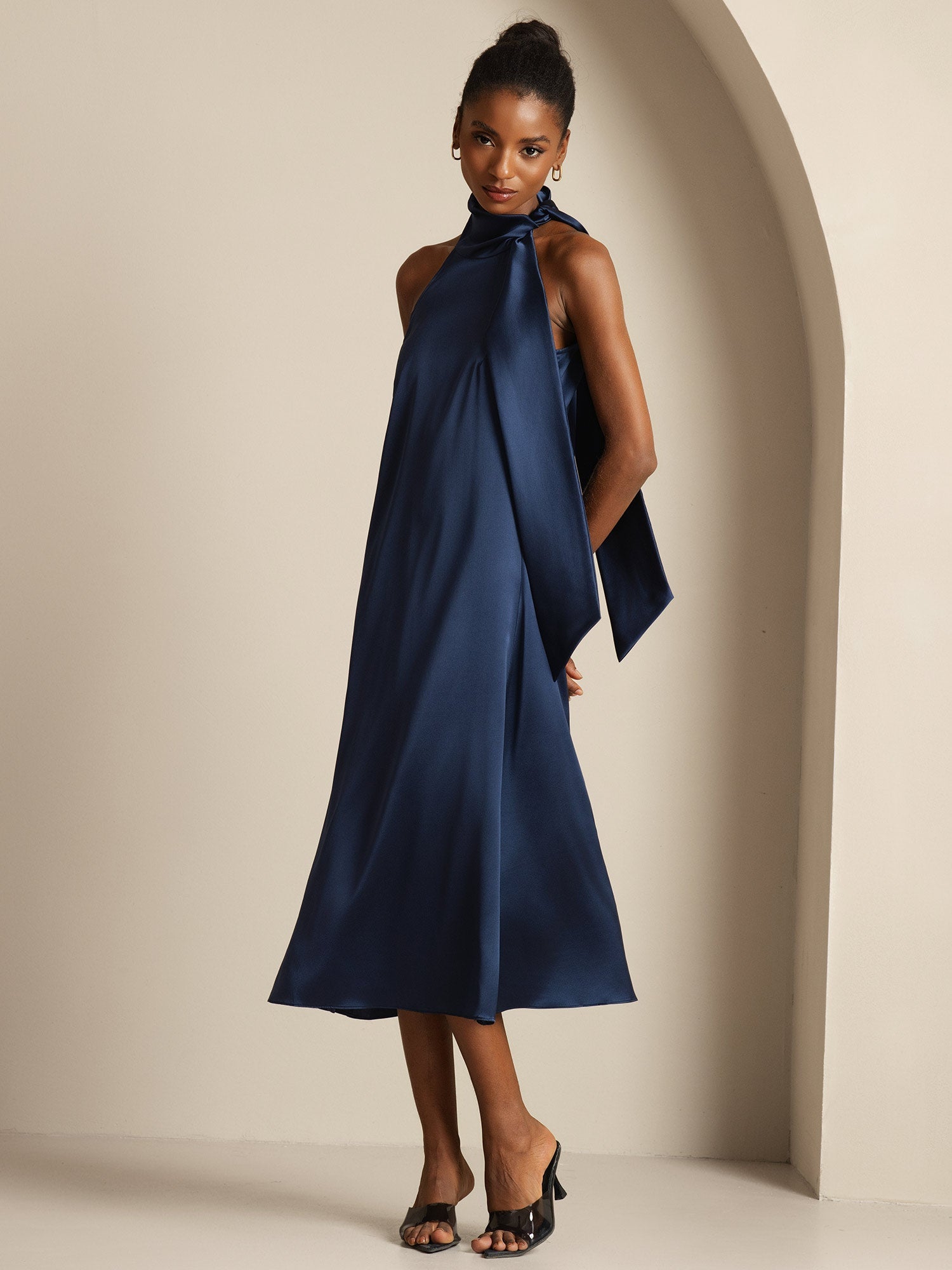 [Donkerblauw] SilkSilky-NL 19Momme Mouwloos Jurk 003