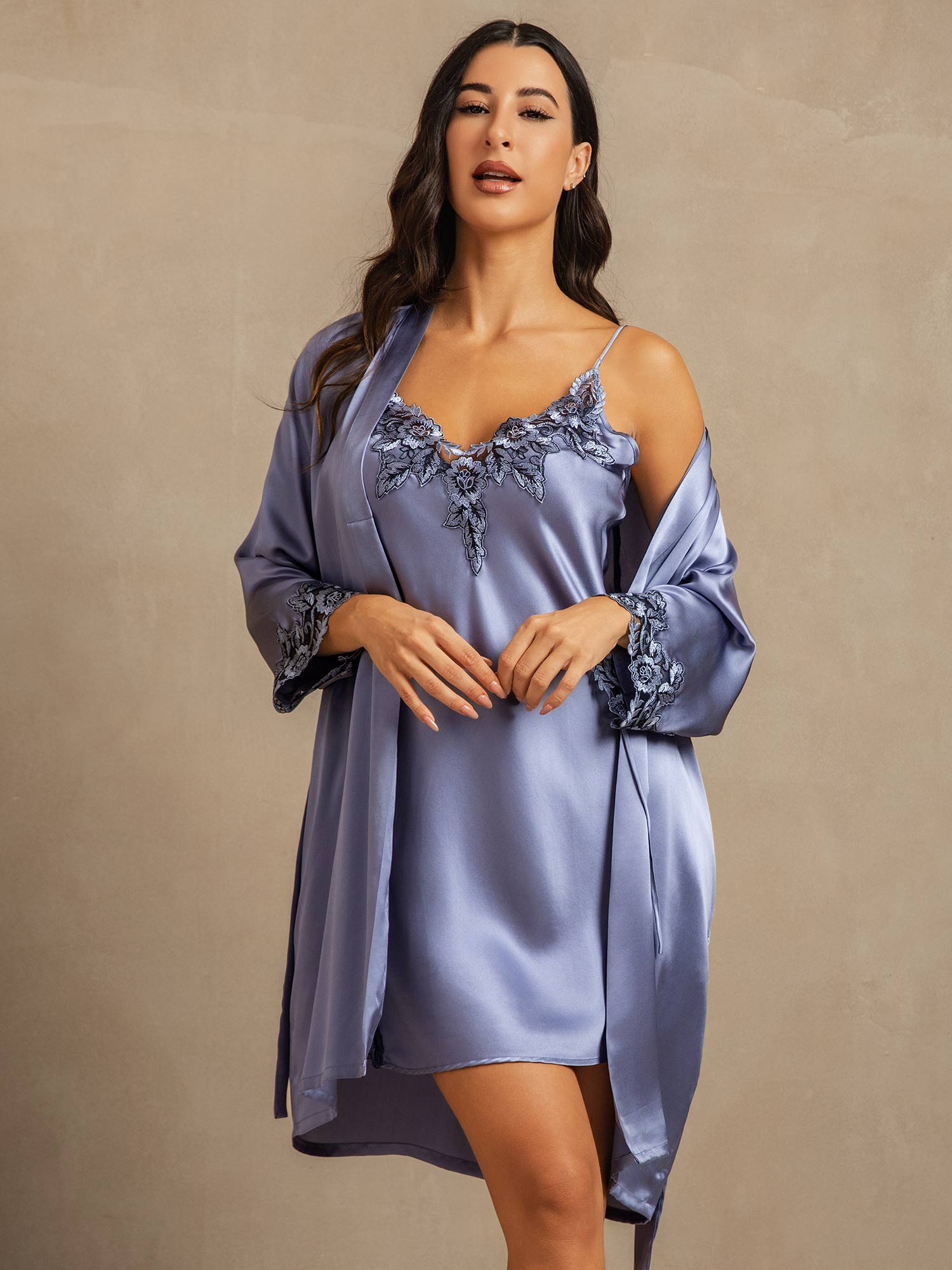 [Staal Blauw] SilkSilky-NL 3/4 Mouw Nightgown&Robe Set 003