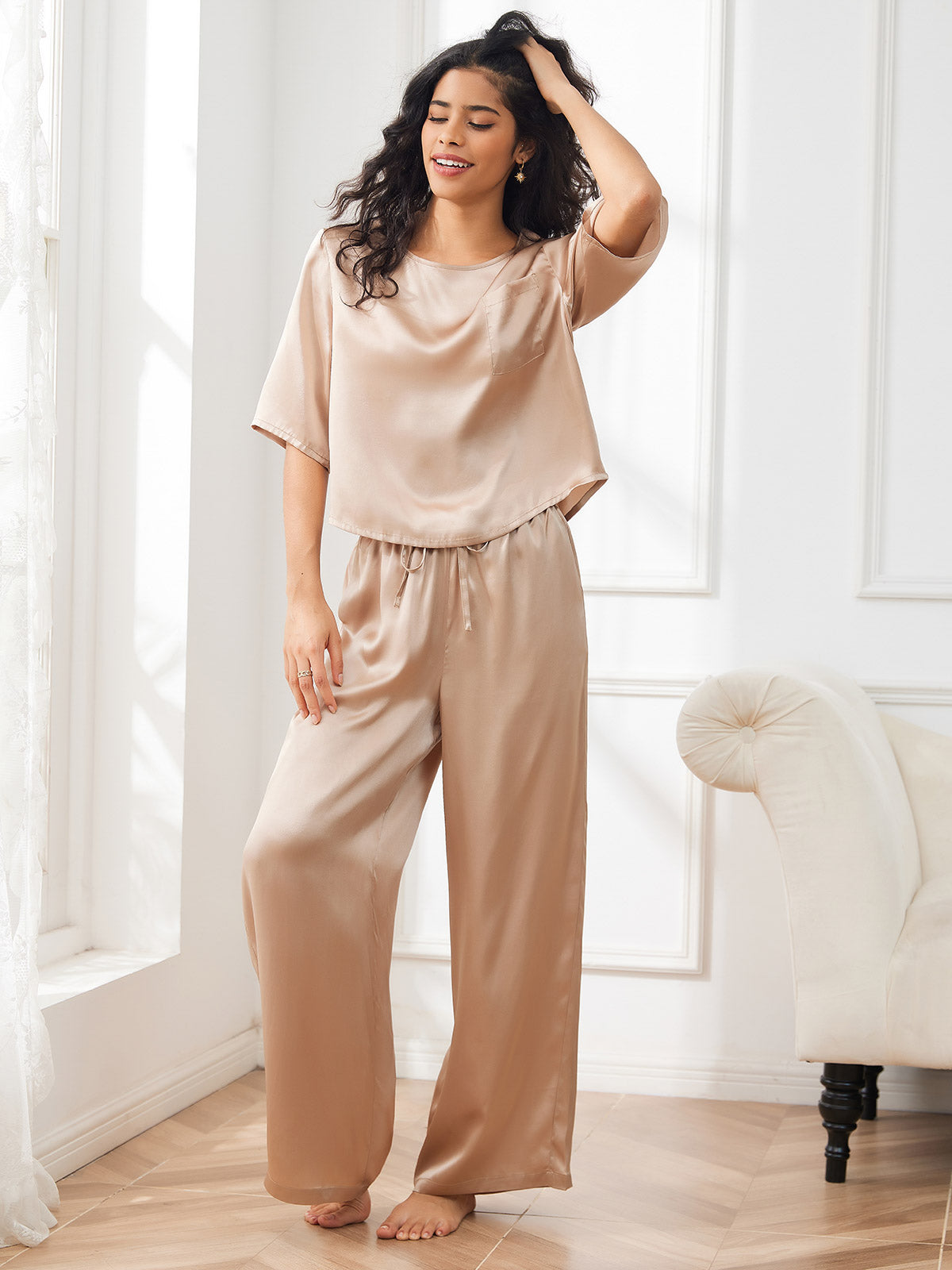 [Champagne] SilkSilky-NL Half Sleeve Round Neck Dames Pyjama Set 001