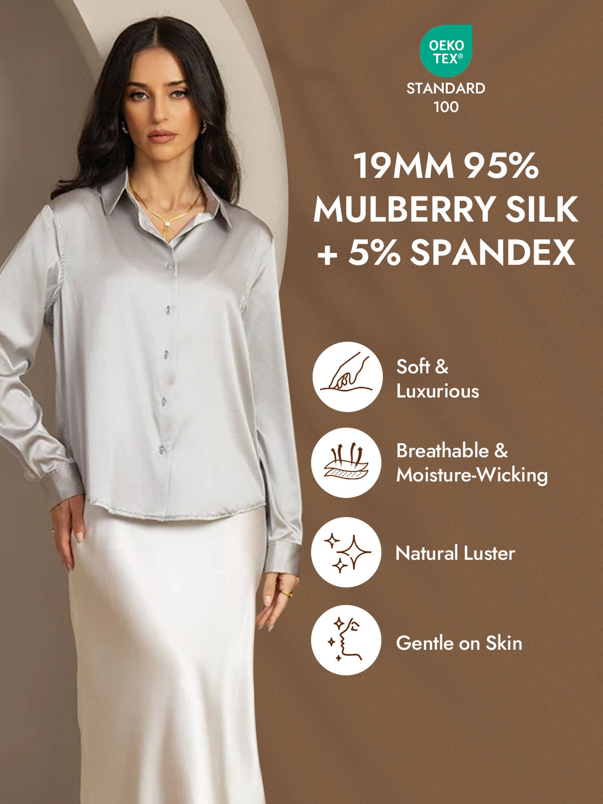 [Lichtgrijs] SilkSilky-NL Zijde Lange Mouw Kraag Dames Blouse 004