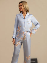 [Lichtblauw] SilkSilky-NL Long Sleeve Lapel Collar Dames Pyjama Set 005