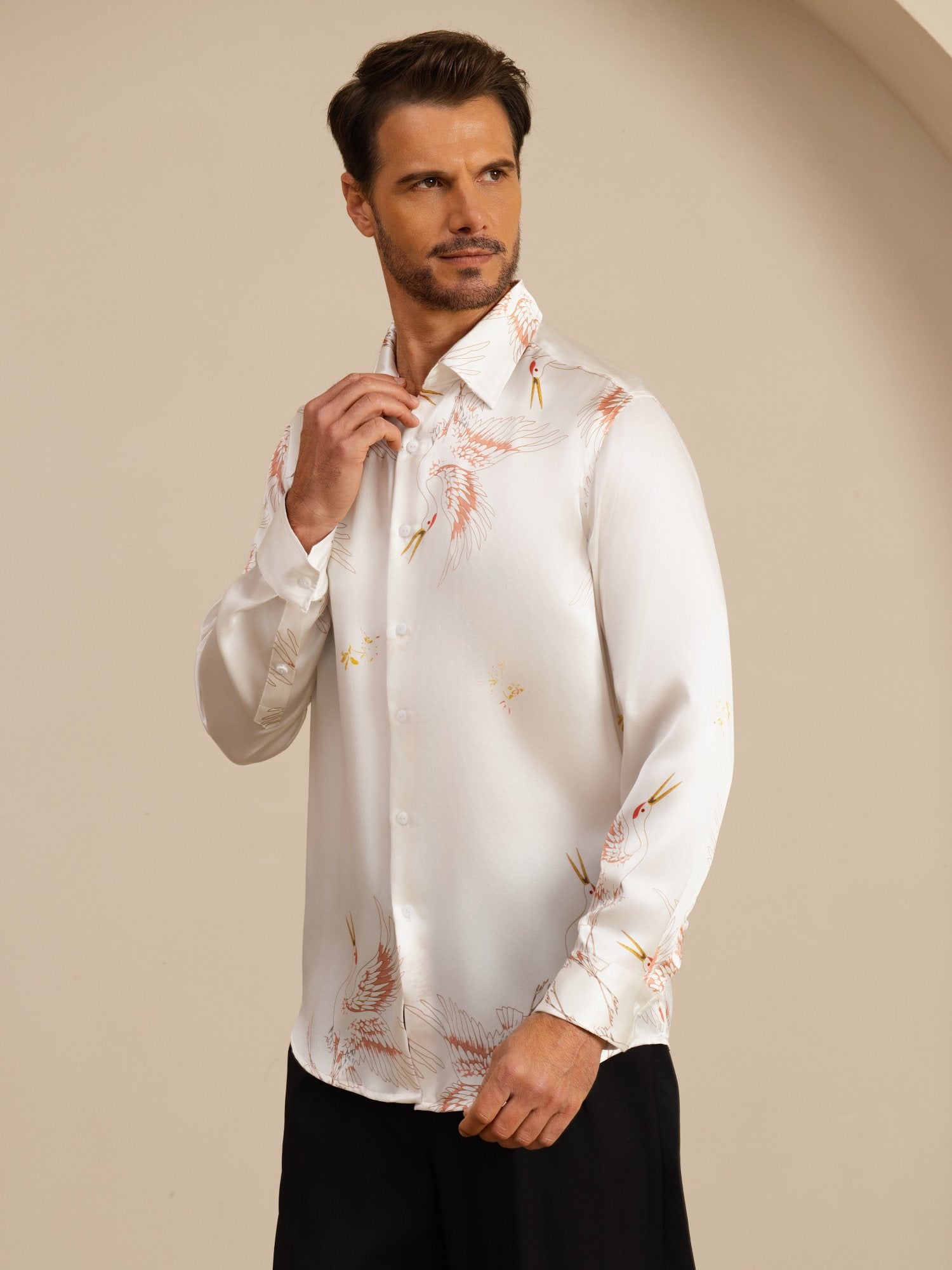 [Wit] SilkSilky-NL 19Momme Lange Mouw Reverskraag Heren Shirt 004