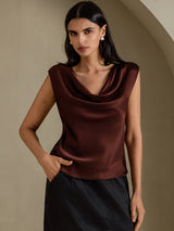 [Pure Chocolade] SilkSilky-NL Cap Sleeve Cowl Neck Dames T-Shirt 005