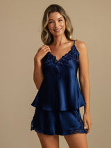 [Donkerblauw] SilkSilky-NL Spaghetti Bandjes V Hals Cami-Set 003