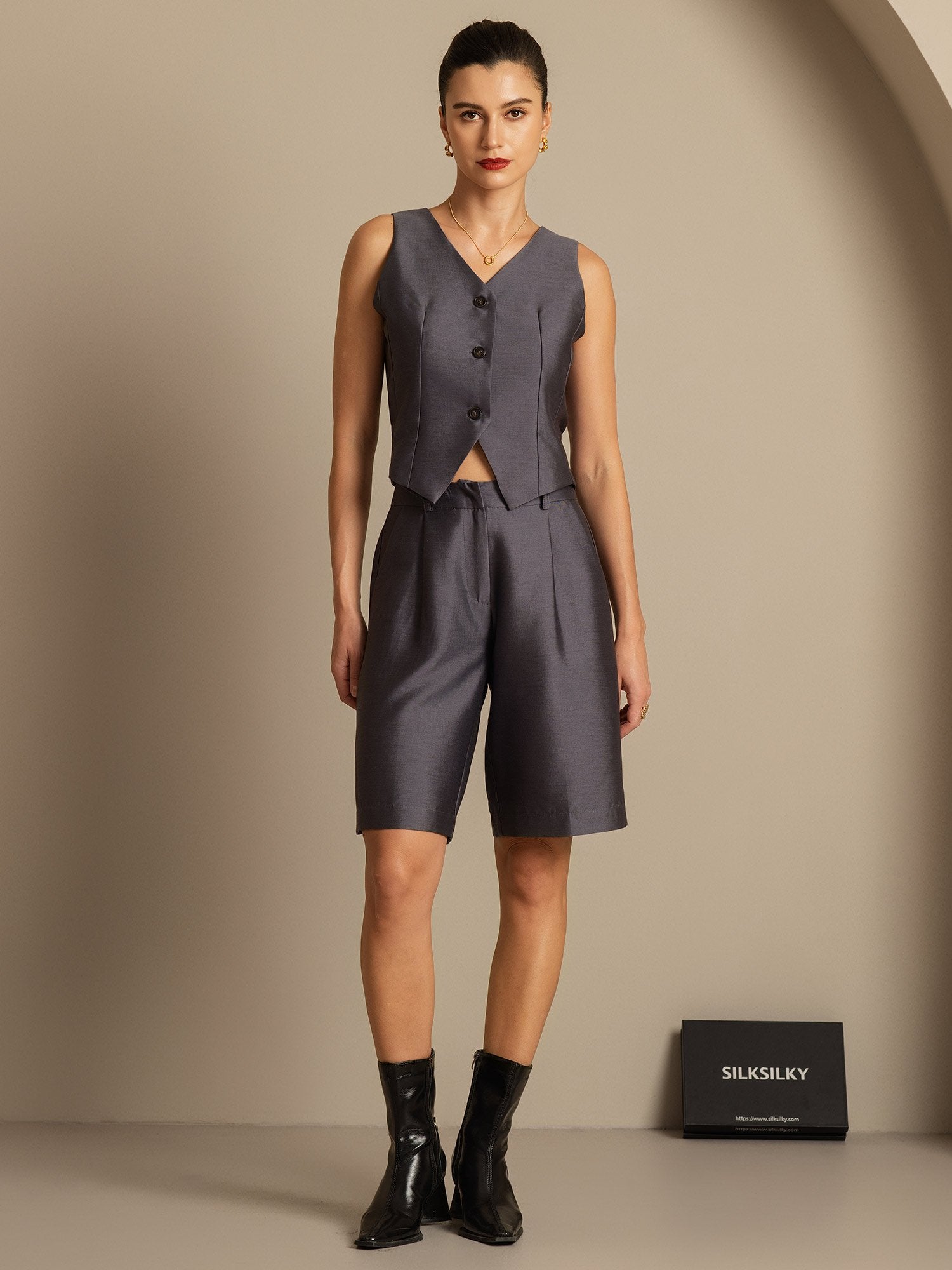 [Grijs] SilkSilky-NL 32Momme Silk-Wool Blend Womens Vest 003