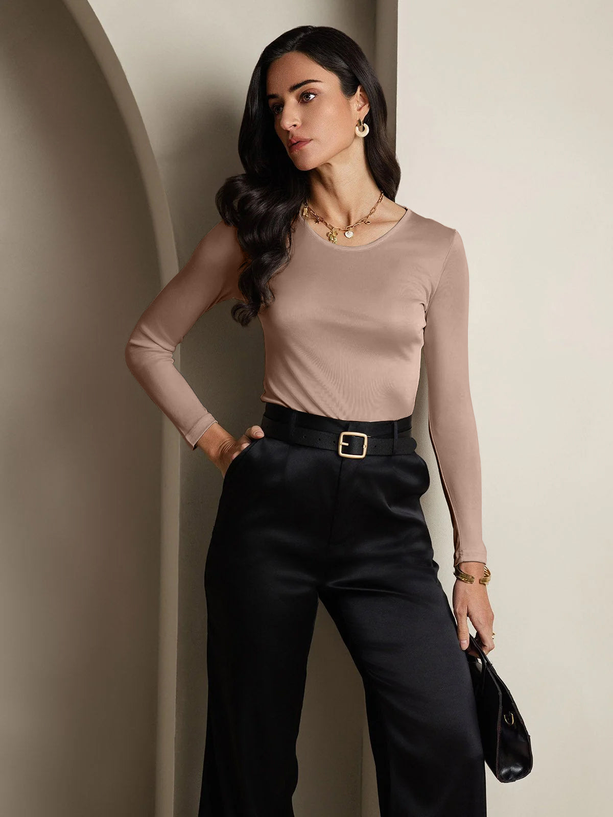 [Koffie] SilkSilky-NL Zijde Ronde Hals Dames T-Shirt 004
