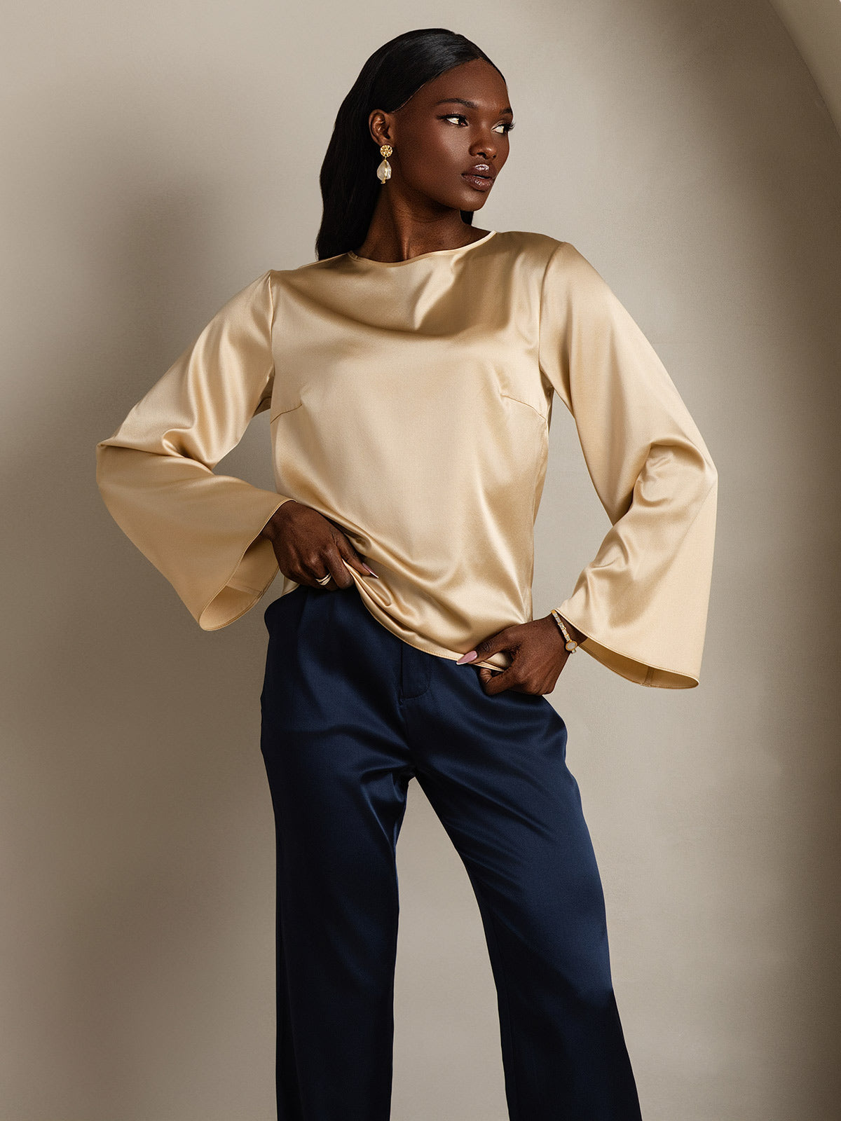 [Champagne] SilkSilky-NL 19Momme Lange Mouw Boat Hals Blouse 003