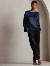 [Donkerblauw] SilkSilky-NL Long Sleeve Boat Neck Blouse 006