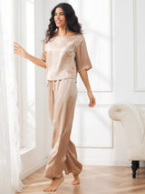 [Champagne] SilkSilky-NL Halve Mouw Ronde Hals Dames Pyjama Set 004