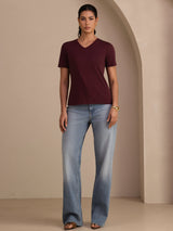 [Wijn] SilkSilky-NL Short Sleeve V Neck Dames T-Shirt 005