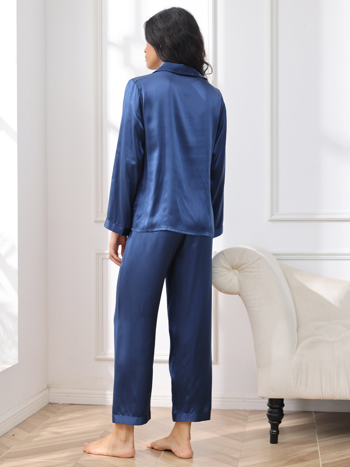 [Donkerblauw] SilkSilky-NL Lange Mouw Notchkraag Dames Pyjama Set 002