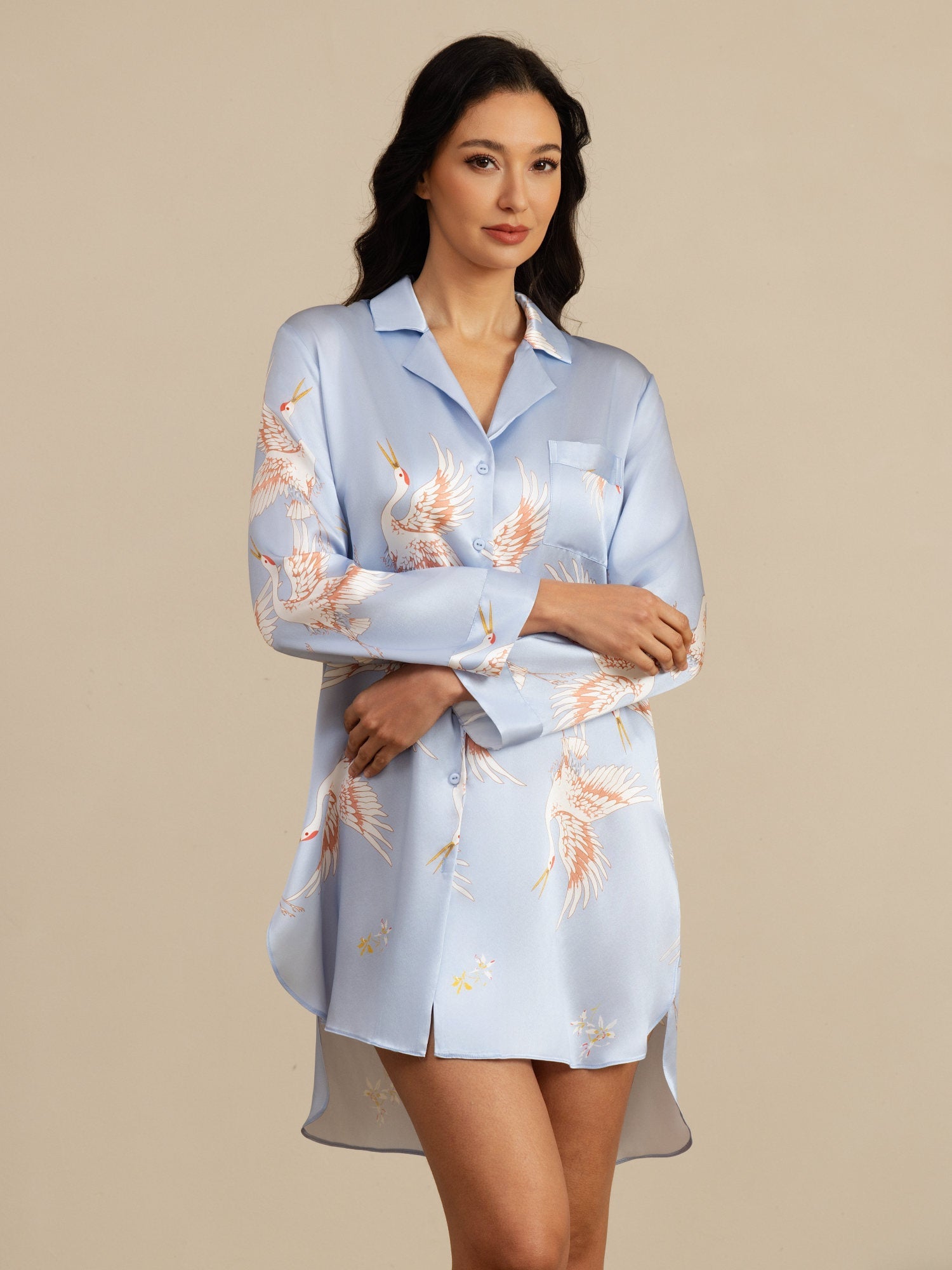[Lichtblauw] SilkSilky-NL 19Momme Lange Mouw Notchkraag Slaap Hemd 003