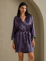 [Paars Grijs] SilkSilky-NL 3/4 Sleeve V Neck Nachthemd&Kamerjas Set 005