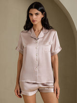 [Schaduwgrijs] SilkSilky-NL Short Sleeve Lapel Collar Dames Pyjama Set 001