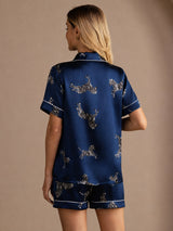 [Marineblauw Zebra] SilkSilky-NL Short Sleeve Lapel Collar Dames Pyjama Set 002