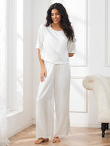 [Wit] SilkSilky-NL Halve Mouw Ronde Hals Dames Pyjama Set 003