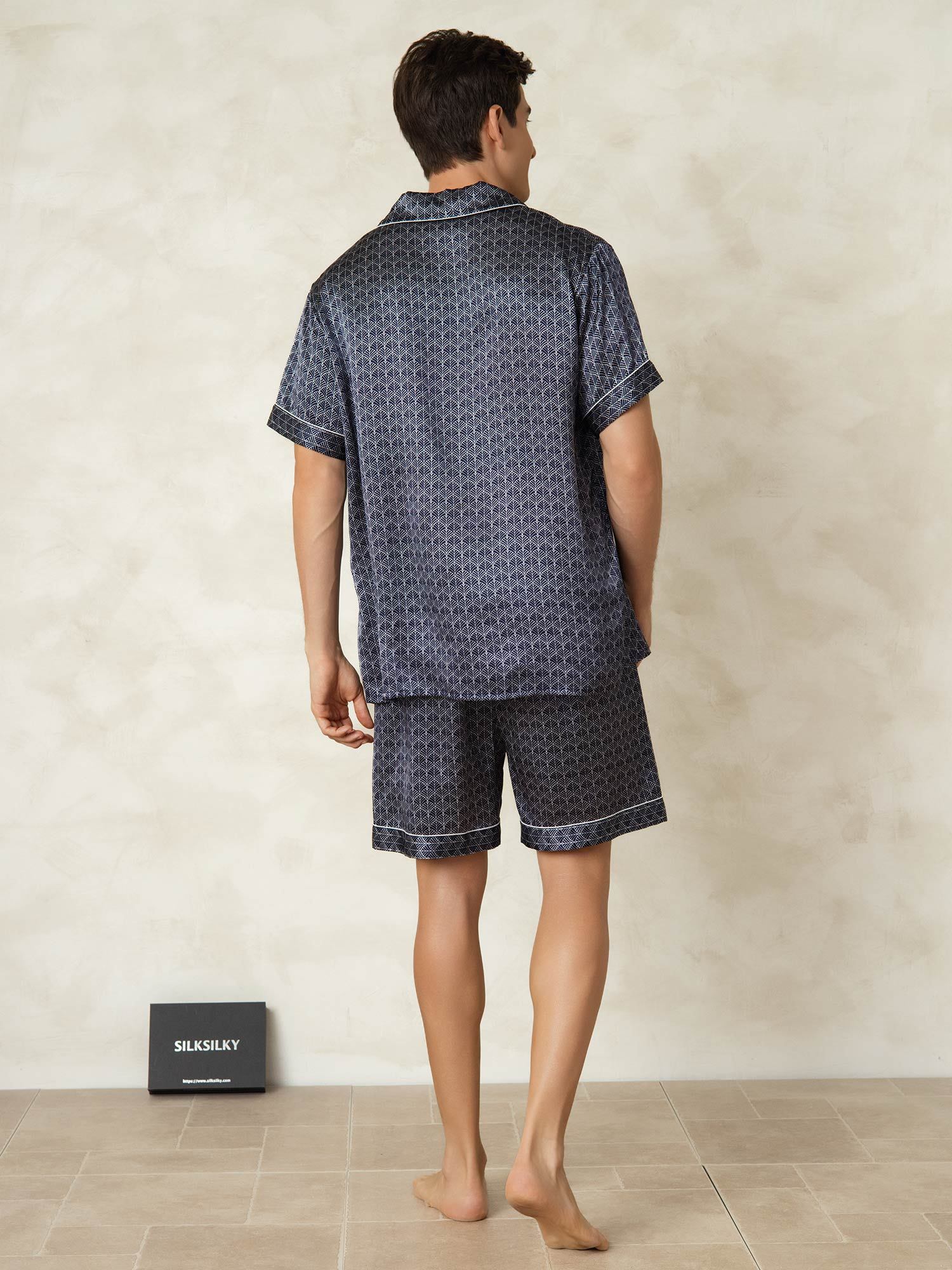 [Marine Ginkgo] SilkSilky-NL Korte Mouw Notchkraag Heren Pyjama Set 002