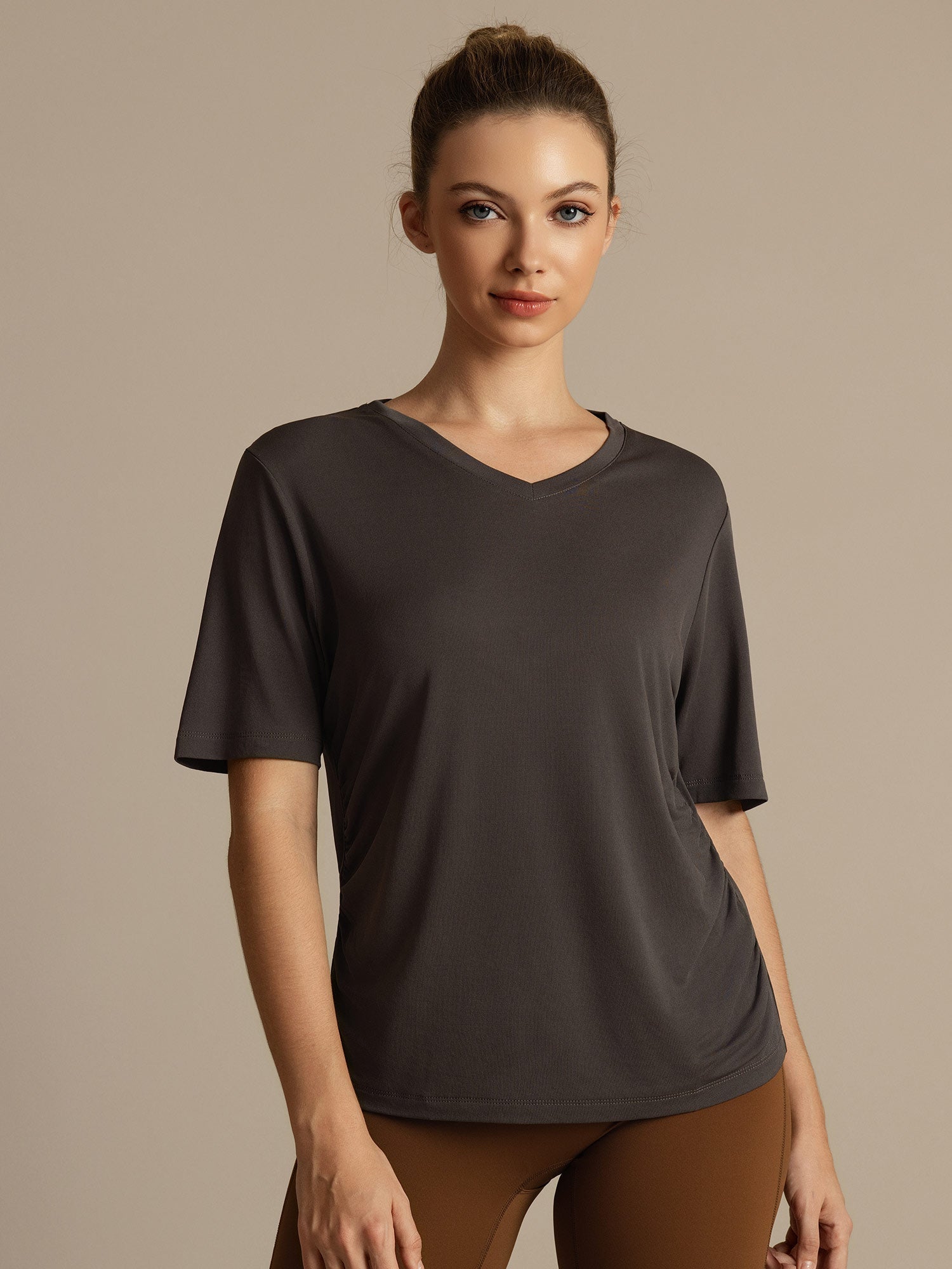 [Grijs] SilkSilky-NL Korte Mouw V Hals Dames T-Shirt 003