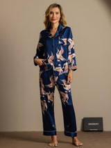 [Donkerblauw] SilkSilky-NL Long Sleeve Lapel Collar Dames Pyjama Set 007