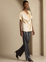 [Champagne] SilkSilky-NL 19Momme Korte Mouw Waterval Hals Blouse 007