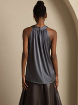 [Donkergrijs] SilkSilky-NL 19Momme Mouwloos Halter Dames T-Shirt 002