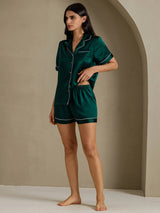 [Donkergroen] SilkSilky-NL Short Sleeve Lapel Collar Dames Pyjama Set 008