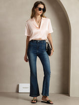 [Roze] SilkSilky-NL Short Sleeve Lapel Collar Dames Blouse 007