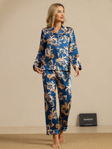[Navy Draak] SilkSilky-NL Lange Mouw Notchkraag Dames Pyjama Set 004