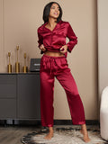 SilkSilky NL Pure Silk Lange Mouw Revers Dames Pyjama Set Wijn 004